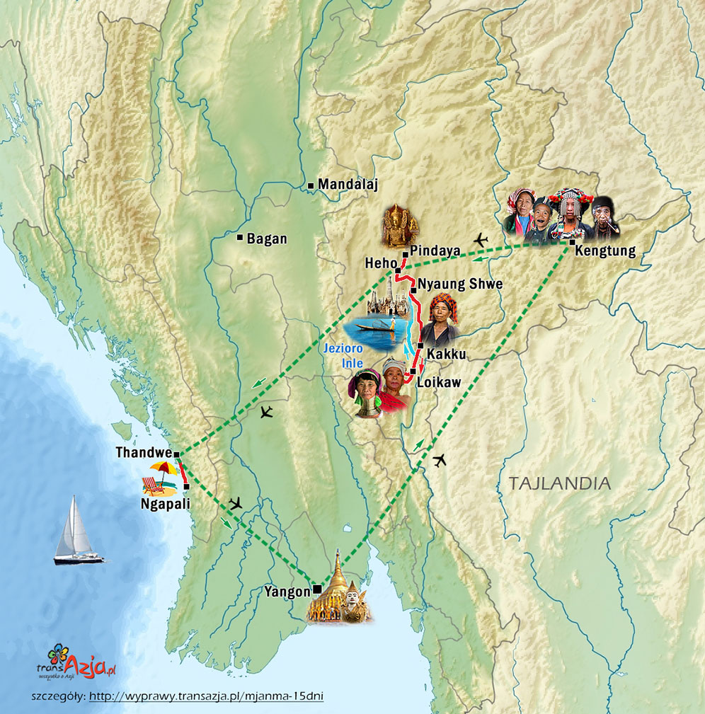 Wycieczka do Birmy: mapa wyjazdu Osiem Twarzy Mjanmy, 15 dni | wyjazd z transAzja.pl