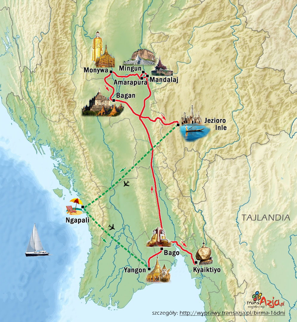 Wycieczka do Birmy: mapa wyjazdu Birma - kraina mnichów i złotych pagód, 16 dni | wyjazd z transAzja.pl