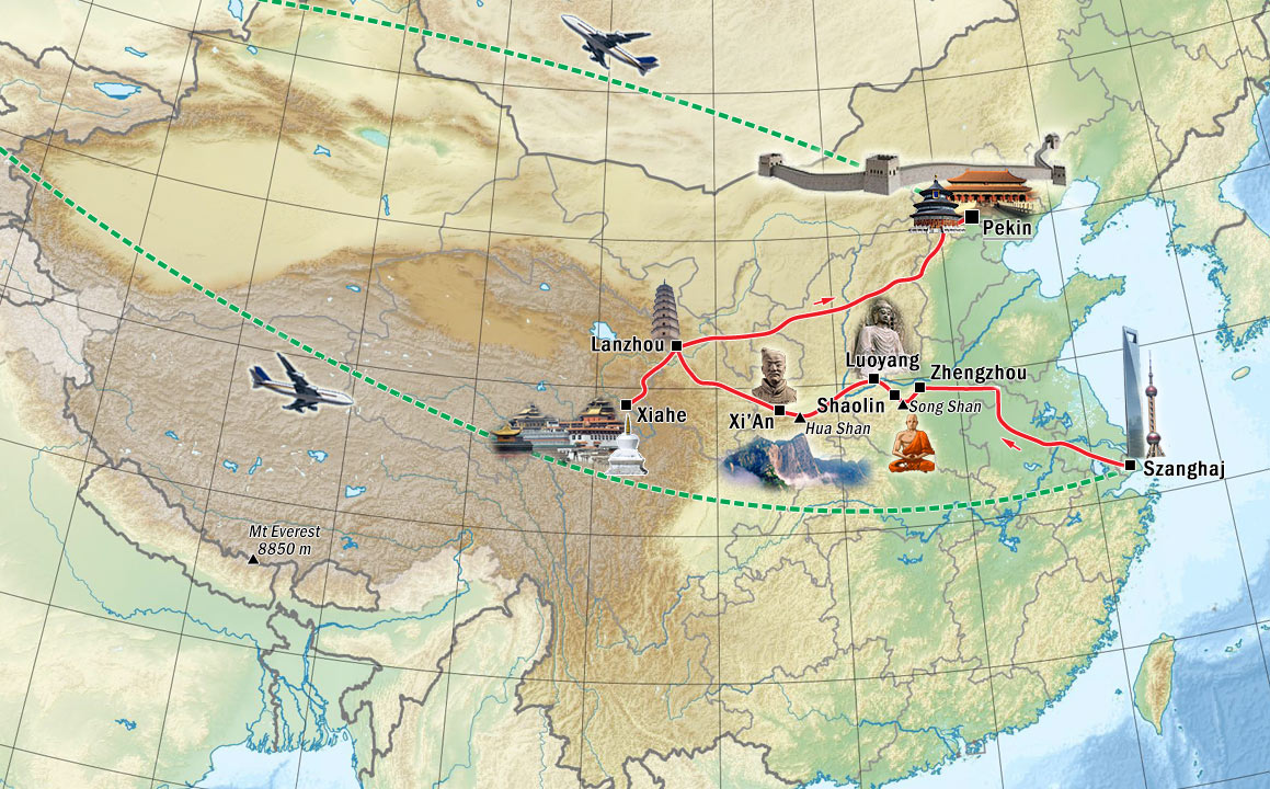 Wycieczka do Chin: mapa wyjazdu Chiny, od Szanghaju po skraj Tybetu, 15 dni | wyjazd z transAzja.pl