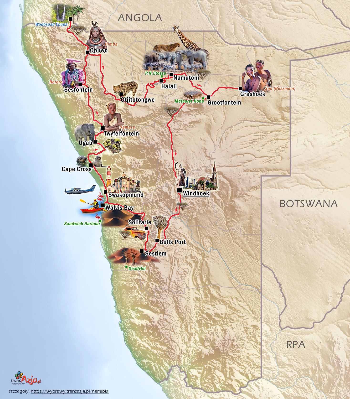 Wycieczka samochodowa po Namibii: mapa wyjazdu Namibia - na styku pustyni i ognia, 18 dni | wyjazd z transAzja