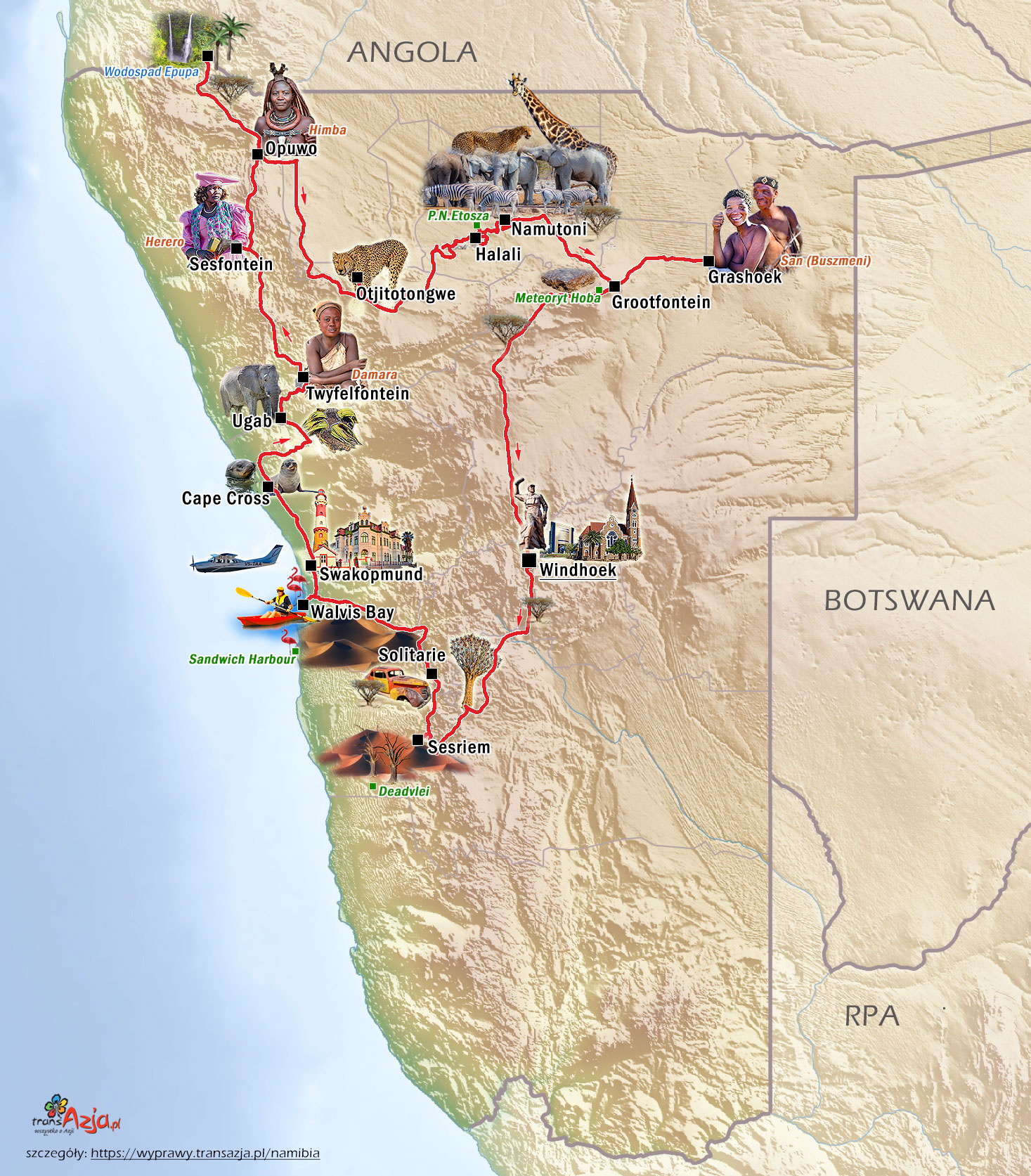 Wycieczka samochodowa po Namibii: mapa wyjazdu Namibia - na styku pustyni i ognia, 18 dni | wyjazd z transAzja