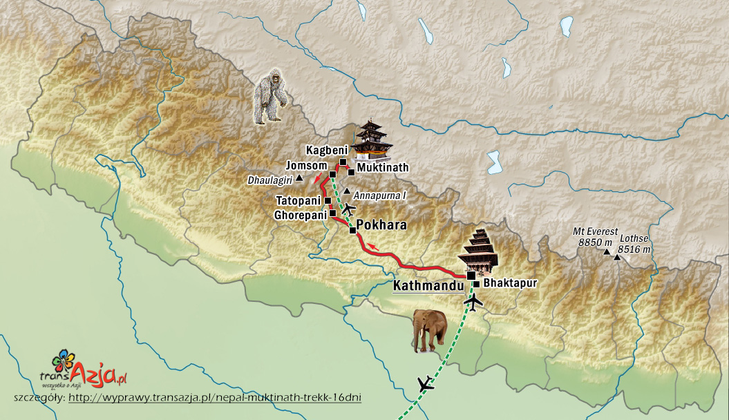 Wycieczka do Nepalu - mapa wyjazdu: Nepal, Muktinath Trekk, 16 dni | wyjazd z transAzja.pl