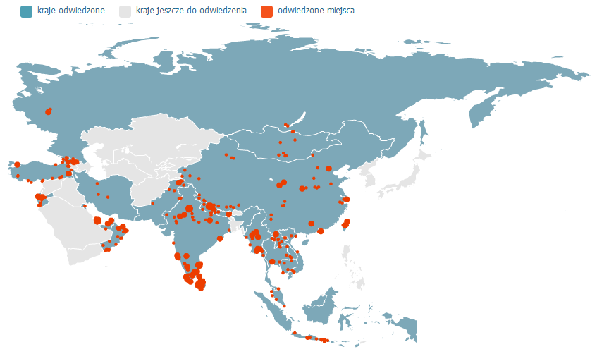 Mapa miejsc odwiedzonych przez nas w Azji, 2003-2024