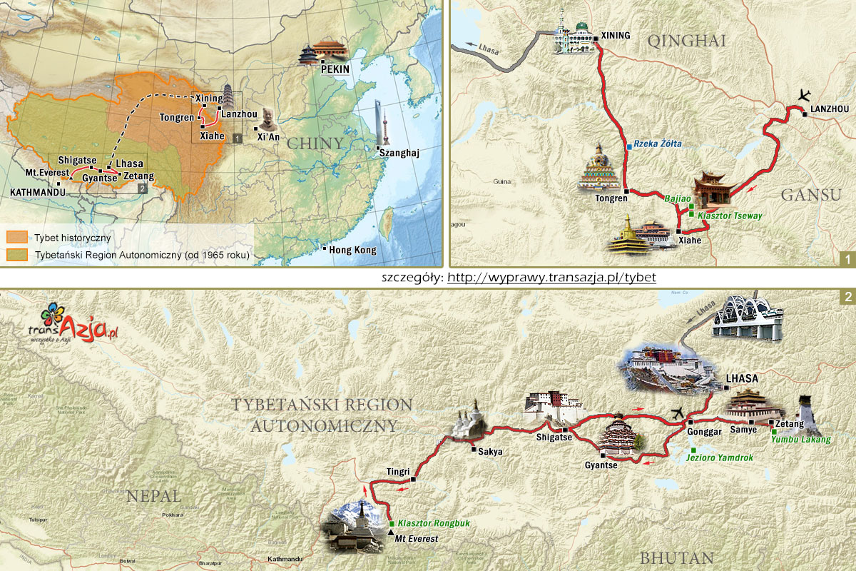 Mapa wycieczki do Tybetu: Tajemniczy Dach Świata, 15 dni | wyjazd z transAzja.pl